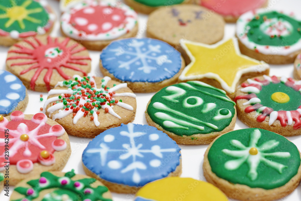 Decorated cookies for New Year and Christmas celebration.