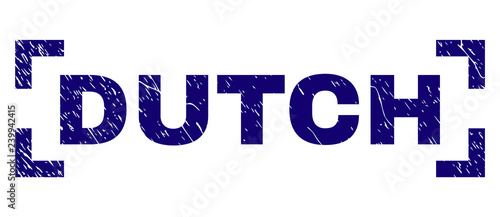 DUTCH text seal print with grunge texture. Text title is placed between corners. Blue vector rubber print of DUTCH with unclean texture.