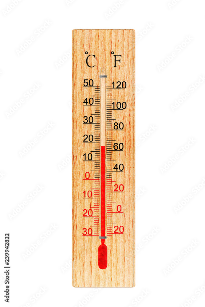 Wooden thermometer isolated on white background. Thermometer shows air  temperature plus 18 degrees celsius or plus 64 degrees fahrenheit Stock  Photo | Adobe Stock