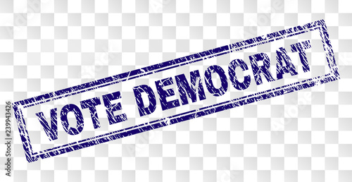 VOTE DEMOCRAT stamp seal imprint with rubber print style and double framed rectangle shape. Stamp is placed on a transparent background.