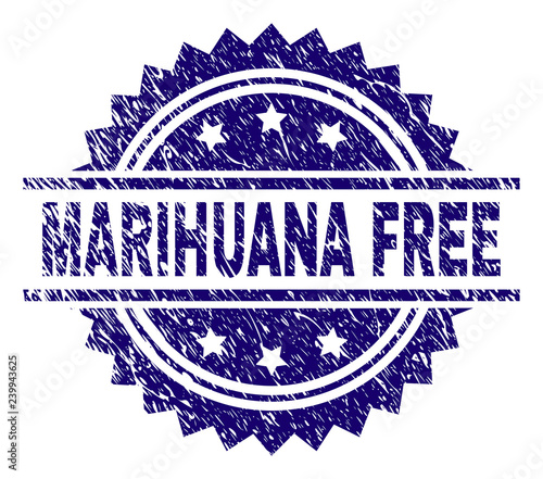 MARIHUANA FREE stamp seal watermark with distress style. Blue vector rubber print of MARIHUANA FREE text with retro texture.