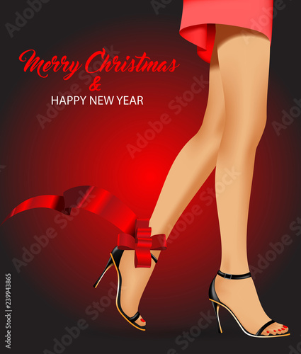 Beautiful female legs in high-heeled shoes. Beautiful painting, sketch art. Fashion christmas print of card in fashion style - vector illustration