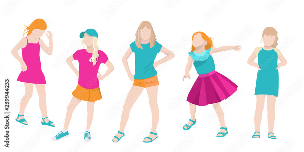 Set of girls in flat style. Children, vector. Kids and teenagers in different poses in bright clothes.