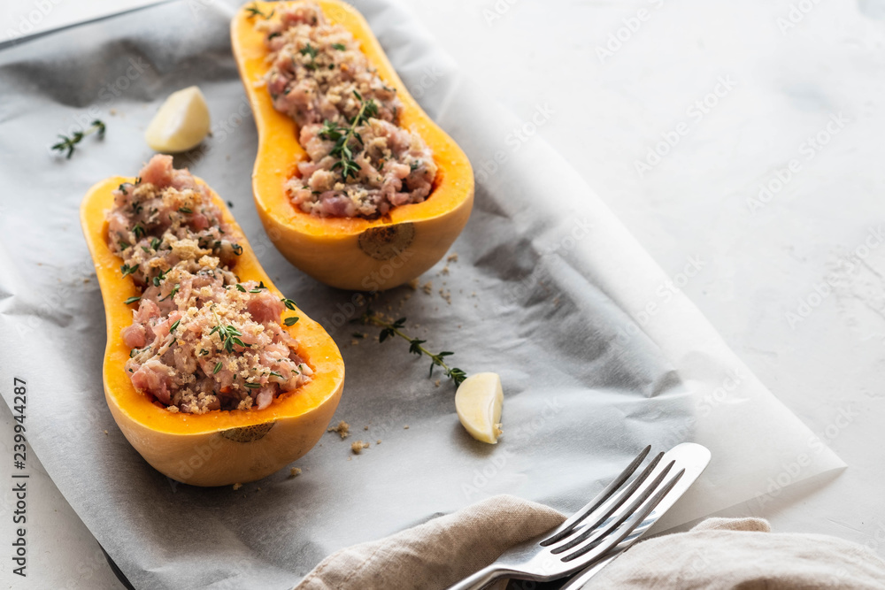 Pumpkin with minced meat with thyme, garlic. Healthy seasonal autumn cuisine. Copy space. Pumpkin with minced meat with thyme, garlic. Healthy seasonal autumn cuisine. Copy space.