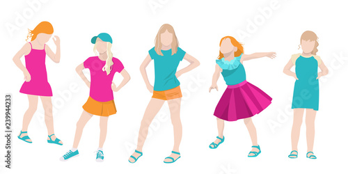 Set of girls in flat style. Children, vector. Kids and teenagers in different poses in bright clothes. © Tatiana Morozova