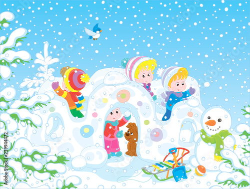 Fototapeta Naklejka Na Ścianę i Meble -  Small children playing in their toy snow fortress on a playground in a winter snow-covered park, vector illustration in a cartoon style