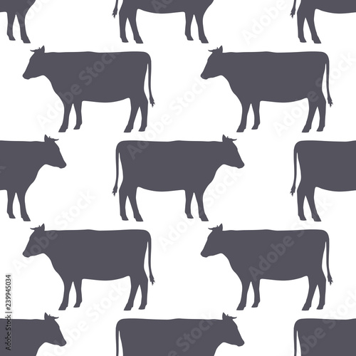Cow silhouette seamless pattern. Beef meat. Background for food packaging or butcher shop design. Vector illustration.