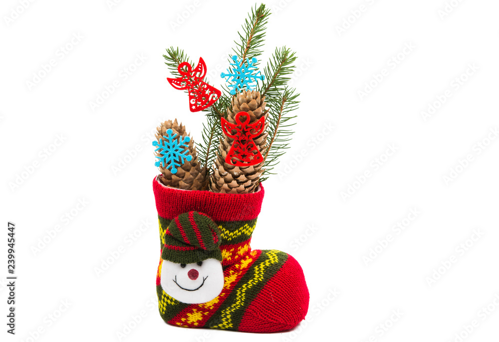 Christmas decoration in socks santa claus isolated