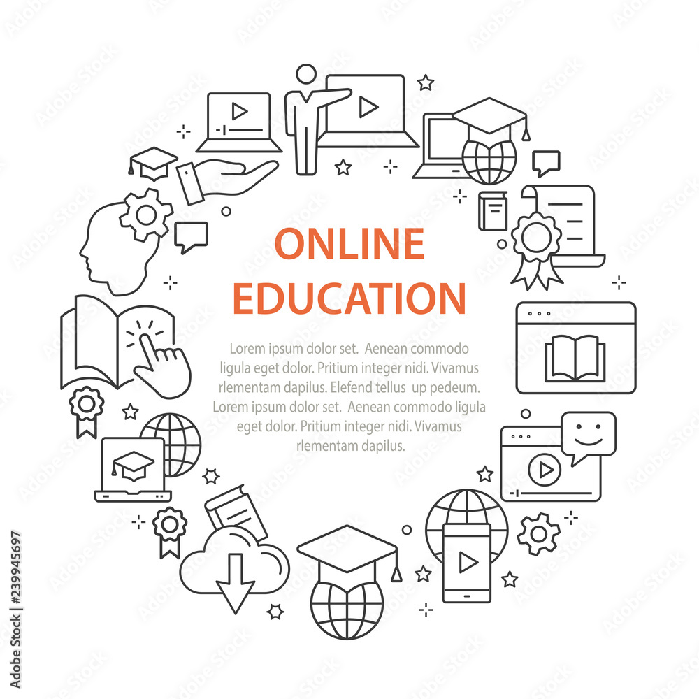 E-learning distance education outline icons set for interface, print.