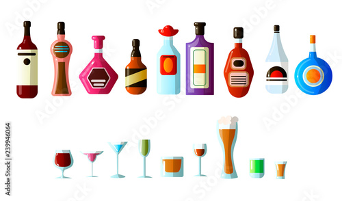 ollection of different alcoholic beverages in bottles with glasses of different shapes. Vodka, champagne, wine, whiskey, beer, brandy, tequila, cognac, liqueur, vermouth, gin, rum, absinthe, sambuca