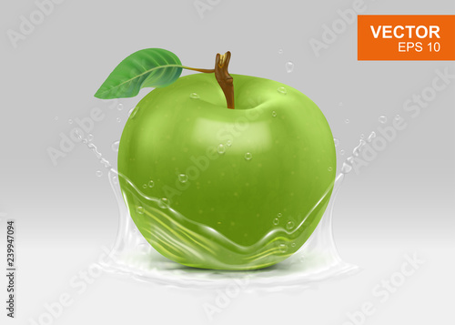 Whole green apple with water splash realistic 3D design element