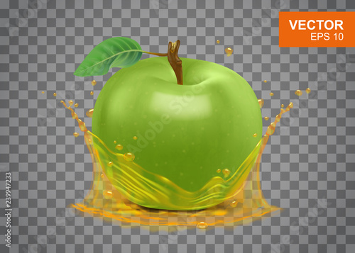 Realistic green apple with splash of apple juice vector illustration.