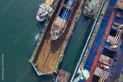 Top view of  harbor with Ship of Business Logistics Cargo concept and the map global partner connection of Container Cargo freight ship for Import Export