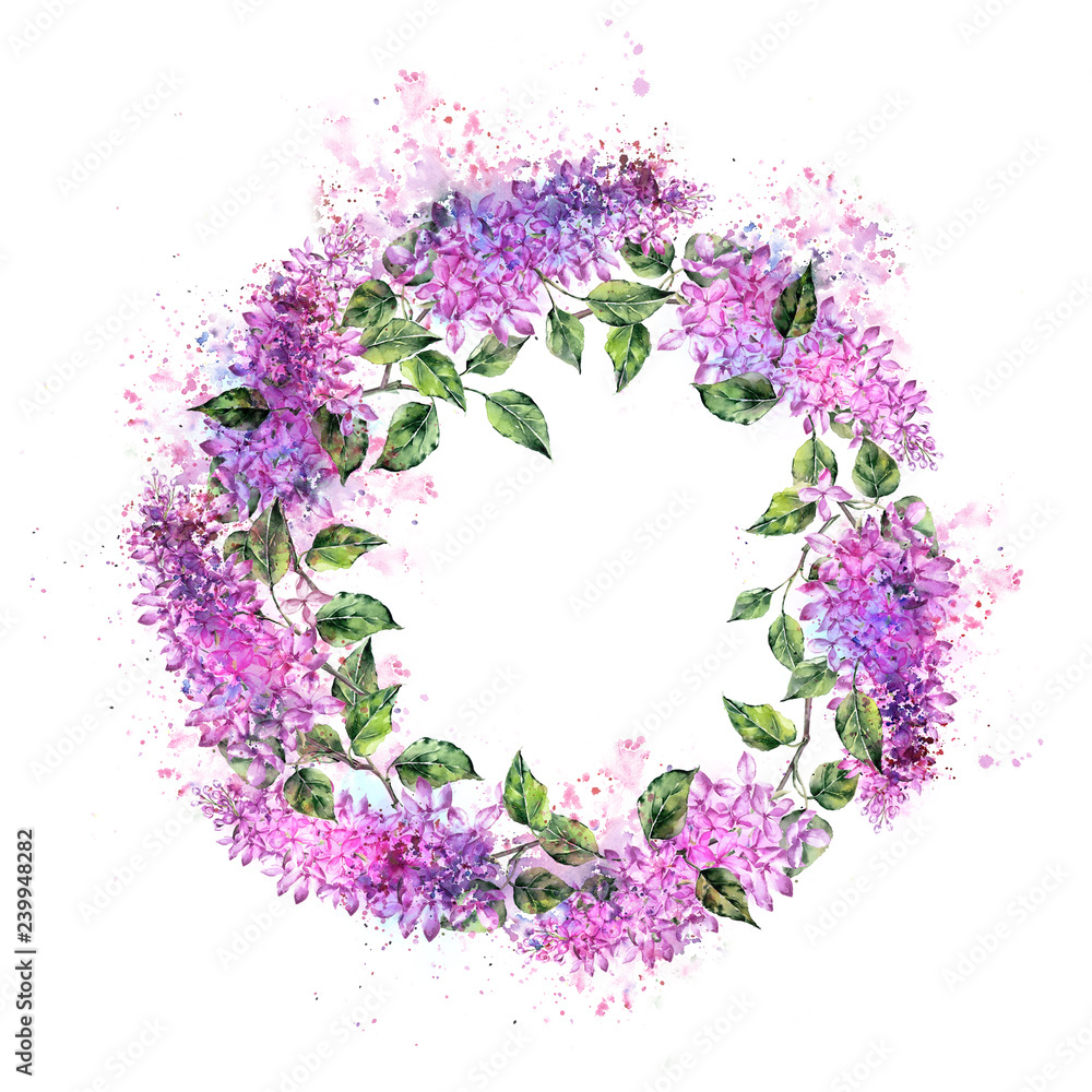 wreath of flowers of lilac watercolor illustration