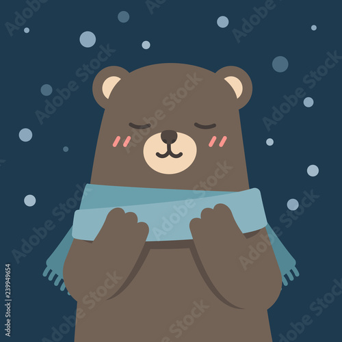 Cute bear wearing scarf enjoying winter, vector illustration.