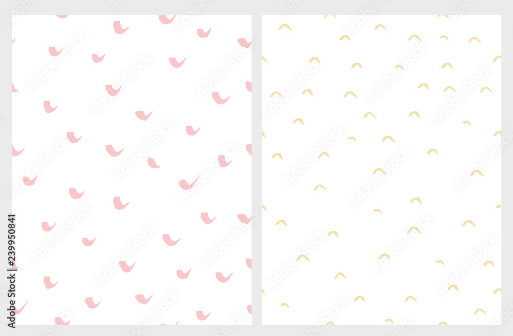 Set of 2 Cute Abstract Vector Patterns. Light Pink and Yellow Arcs and Approve Signs on a White Background. Simple Hand Drawn Geometric Design.Funny Infantile Style Layouts. Pastel Colors.
