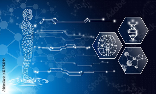 abstract background technology concept in blue light,brain and human body heal ,technology modern medical science in future and global international medical with tests analysis clone DNA human
