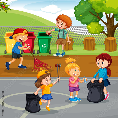 Volunteer children cleaning park