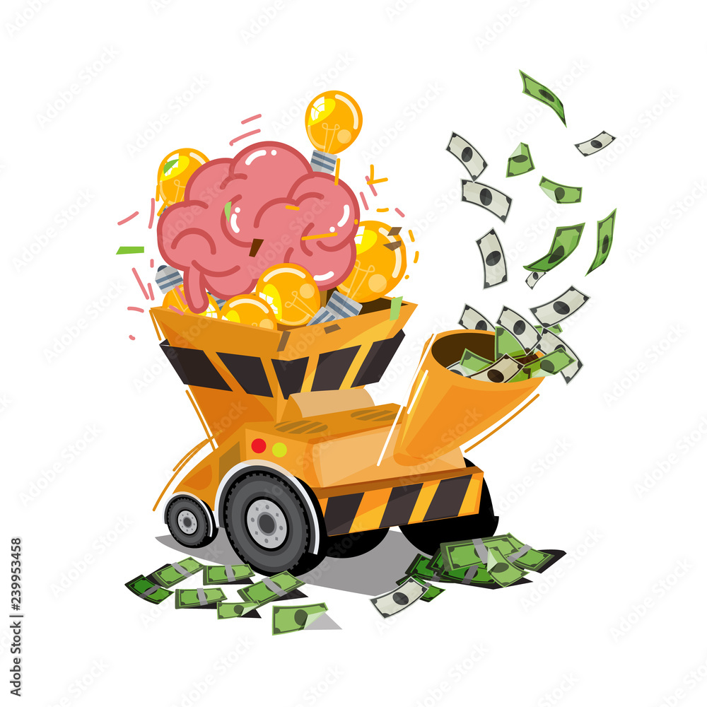 Human brain with light bulb of idea in chipper machine and output to ...