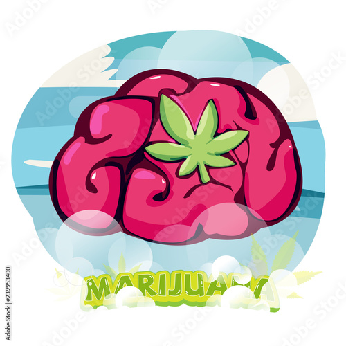 Brain with Marijuana Leaf. effect of marijuana high. healing by cannabis - vector illustration