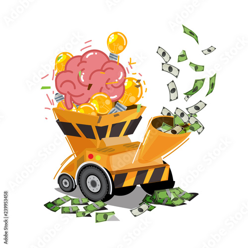 Human brain with light bulb of idea in chipper machine and output to money - vector