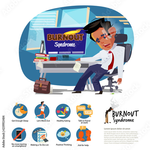 Burnout Syndeome man at work. how to fight burningout syndrome. infographic elements  - vector