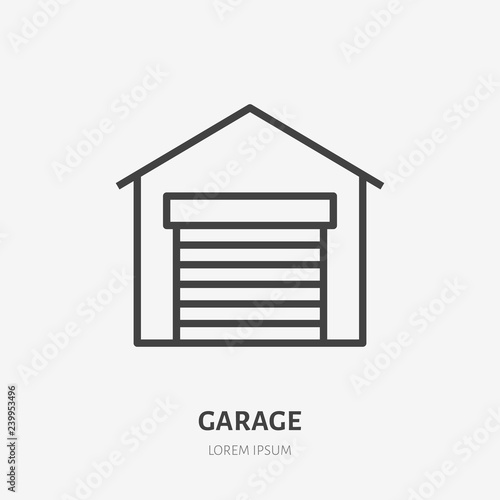 Garage flat line icon. Vector thin sign of storehouse, building exterior, rent logo. Real estate illustration