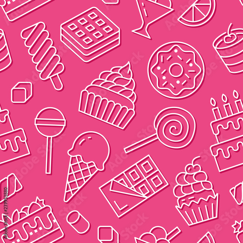 Sweet food seamless pattern with flat line icons. Pastry vector illustrations - lollipop  chocolate bar  milkshake  cookie  birthday cake  candy shop. Cute pink white background for confectionery