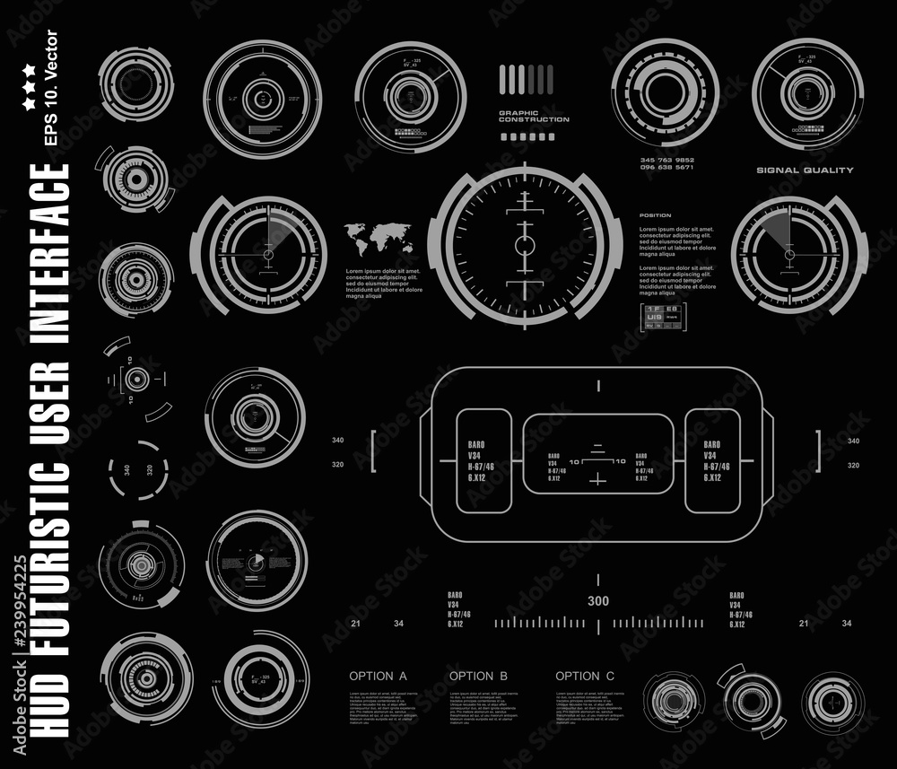 Futuristic black and white HUD, virtual touch user interface in flat design virtual reality technology screen Futuristic black and white HUD, virtual touch user interface in flat design virtual reality technology screen