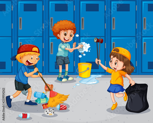 Student cleaning the hallway