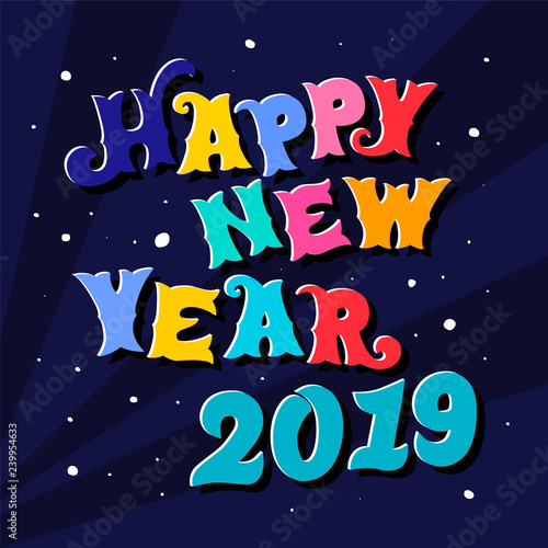 Happy New Year - hand drawn inscription on blue background. 3D Lettering. Text for greeting card. Greeting frame