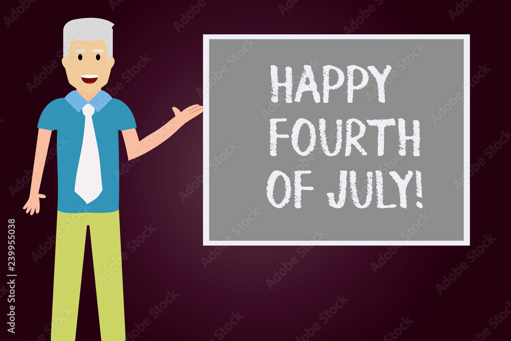 Conceptual hand writing showing Happy Fourth Of July. Business photo text United States of America independence day celebration Man with Tie Talking Presenting Blank Color Square Board