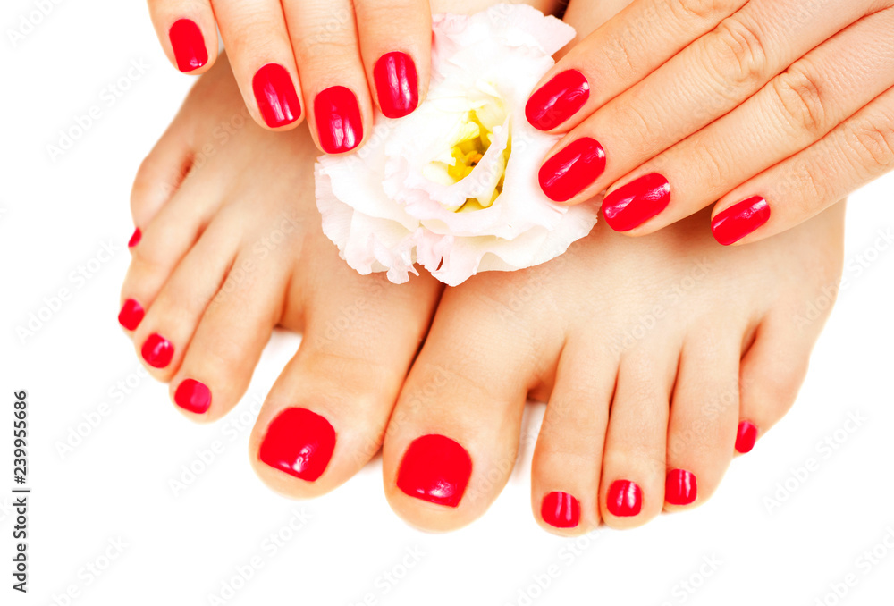 Undertrykkelse gevinst Måling Red manicure and pedicure with flower close up, isolated on white  background Stock Photo | Adobe Stock