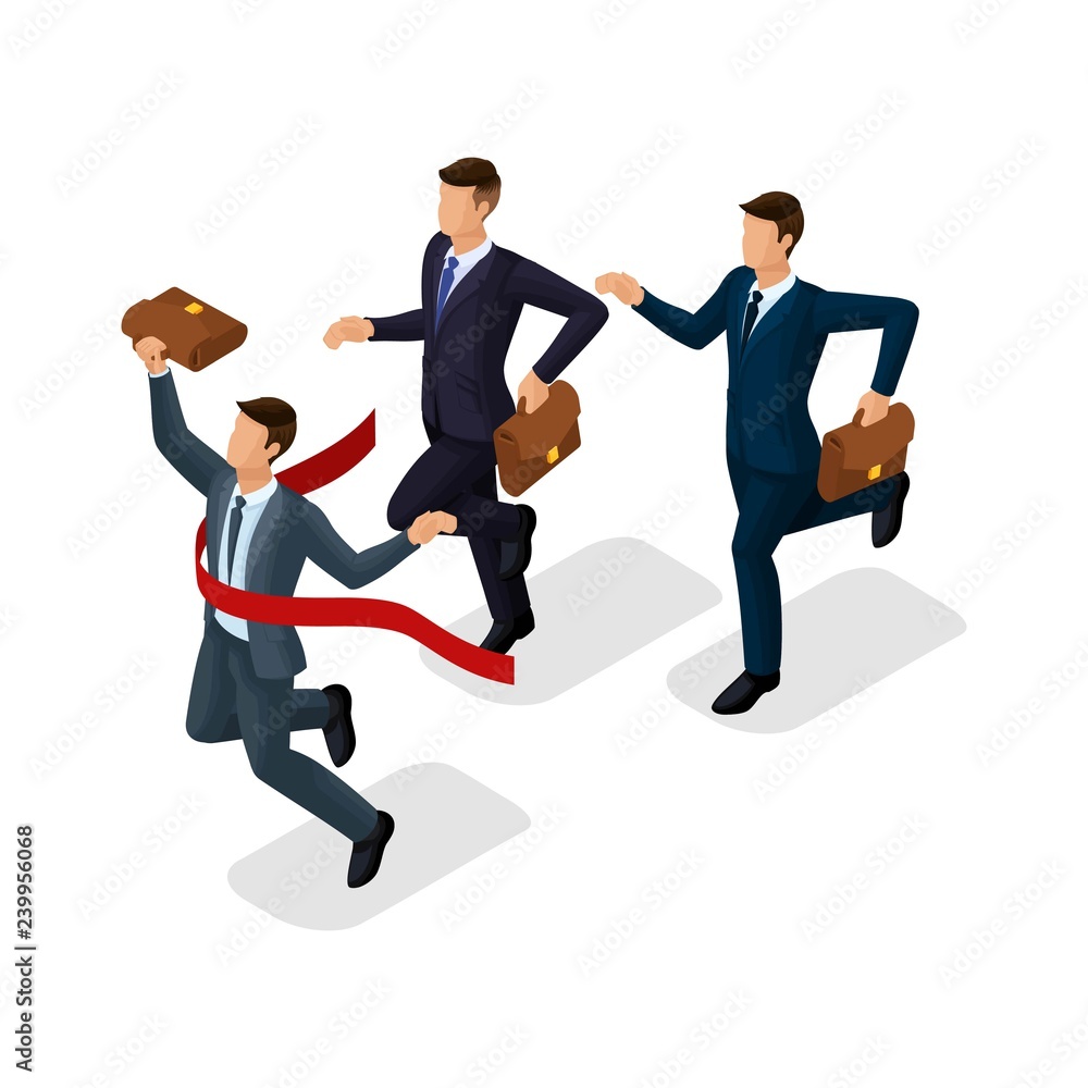 Trendy isometric people, 3d businessmen, running, competition, being first, getting a prize, young entrepreneurs with a briefcase isolated on white background Trendy isometric people, 3d businessmen, running, competition, being first, getting a prize, young entrepreneurs with a briefcase isolated on white background