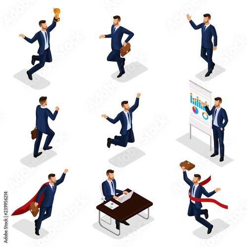 Trendy isometric people, 3d businessmen, business concept, success, getting cup, reaching goal, young businessman is isolated on white background