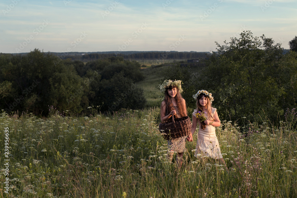 Two girls with wreaths on their heads are standing in the field . Two girls with wreaths on their heads are standing in the field .