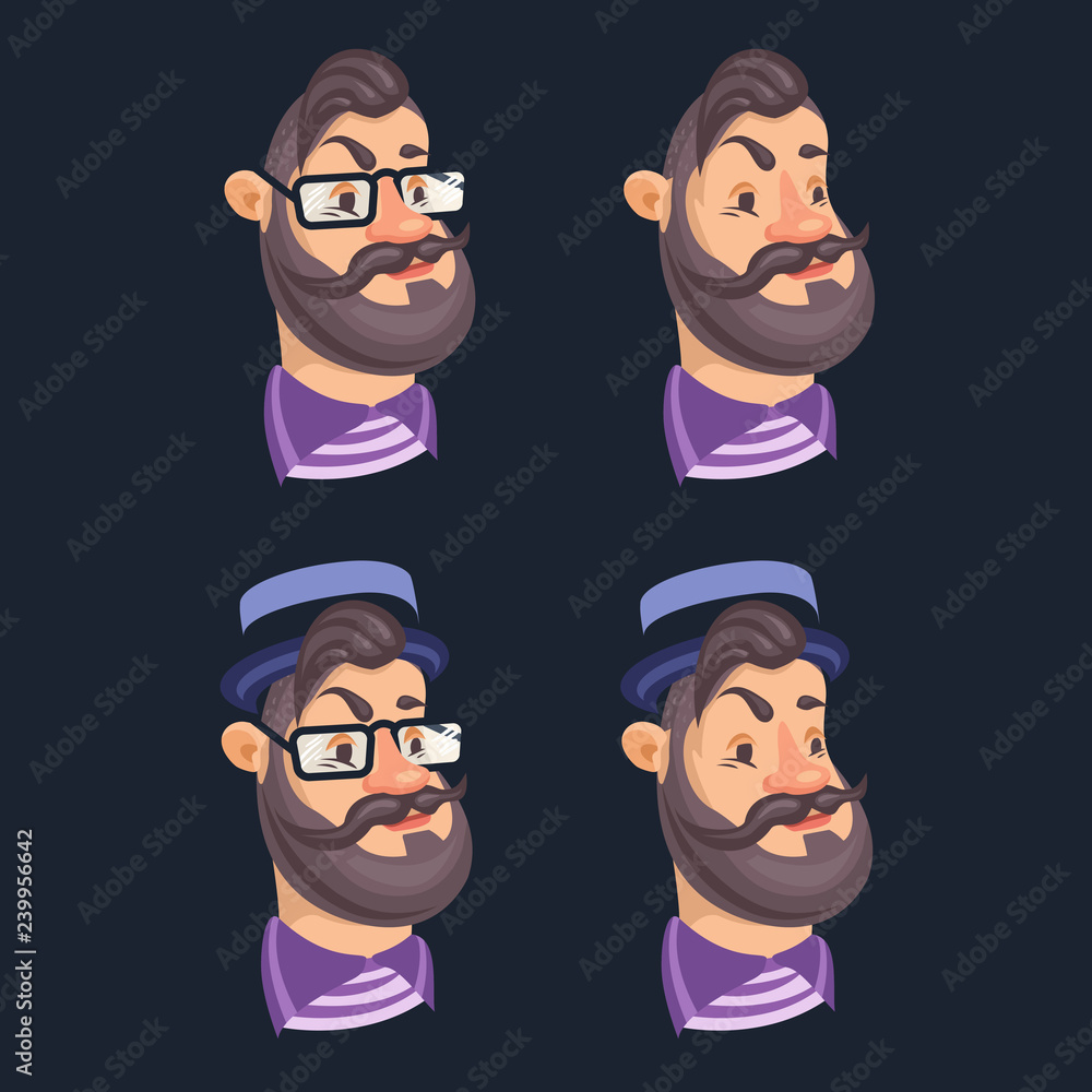 Set of vector bearded men faces hipsters with retro hat, eyeglass, haircuts, mustaches, beards. Hipster on a dark backgraund isolated Set of vector bearded men faces hipsters with retro hat, eyeglass, haircuts, mustaches, beards. Hipster on a dark backgraund isolated