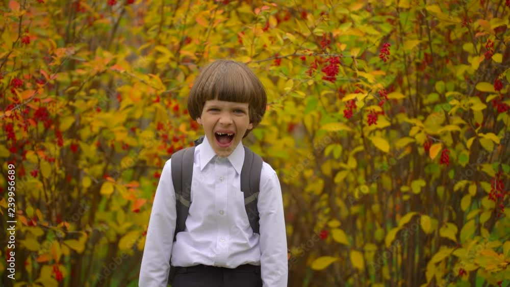Portrait of smiling happy cute boy schoolboy with backpack laughing to camera outdoors. First-grade student having fun, primary school, first grader first class, kid child schoolchild day of knowledge Portrait of smiling happy cute boy schoolboy with backpack laughing to camera outdoors. First-grade student having fun, primary school, first grader first class, kid child schoolchild day of knowledge