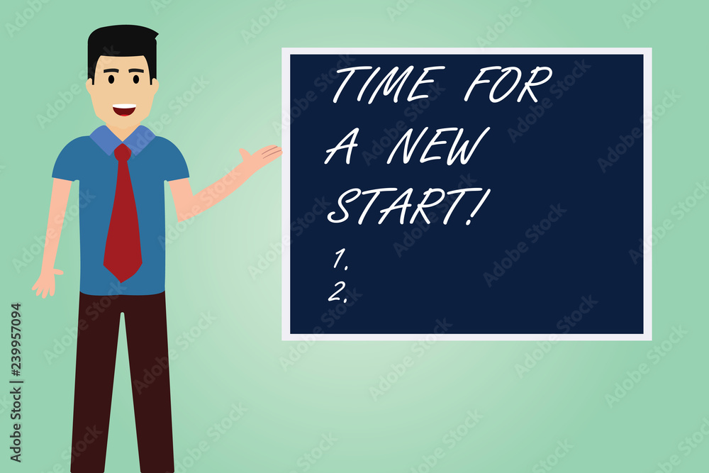 Handwriting text writing Time For A New Start. Concept meaning Trust the magic of Beginnings fresh new Rebirth Man with Tie Standing Talking Presenting Blank Color Square Board photo Handwriting text writing Time For A New Start. Concept meaning Trust the magic of Beginnings fresh new Rebirth Man with Tie Standing Talking Presenting Blank Color Square Board photo