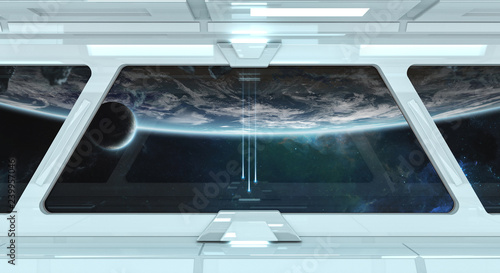 Fototapeta Naklejka Na Ścianę i Meble -  White spaceship interior with large window view 3D rendering