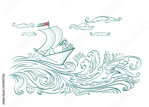 Origami paper boat on the waves of the sea with a sailor