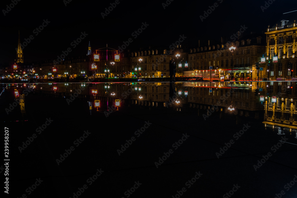 Night reflections  in the centre of Bordeaux, France. 