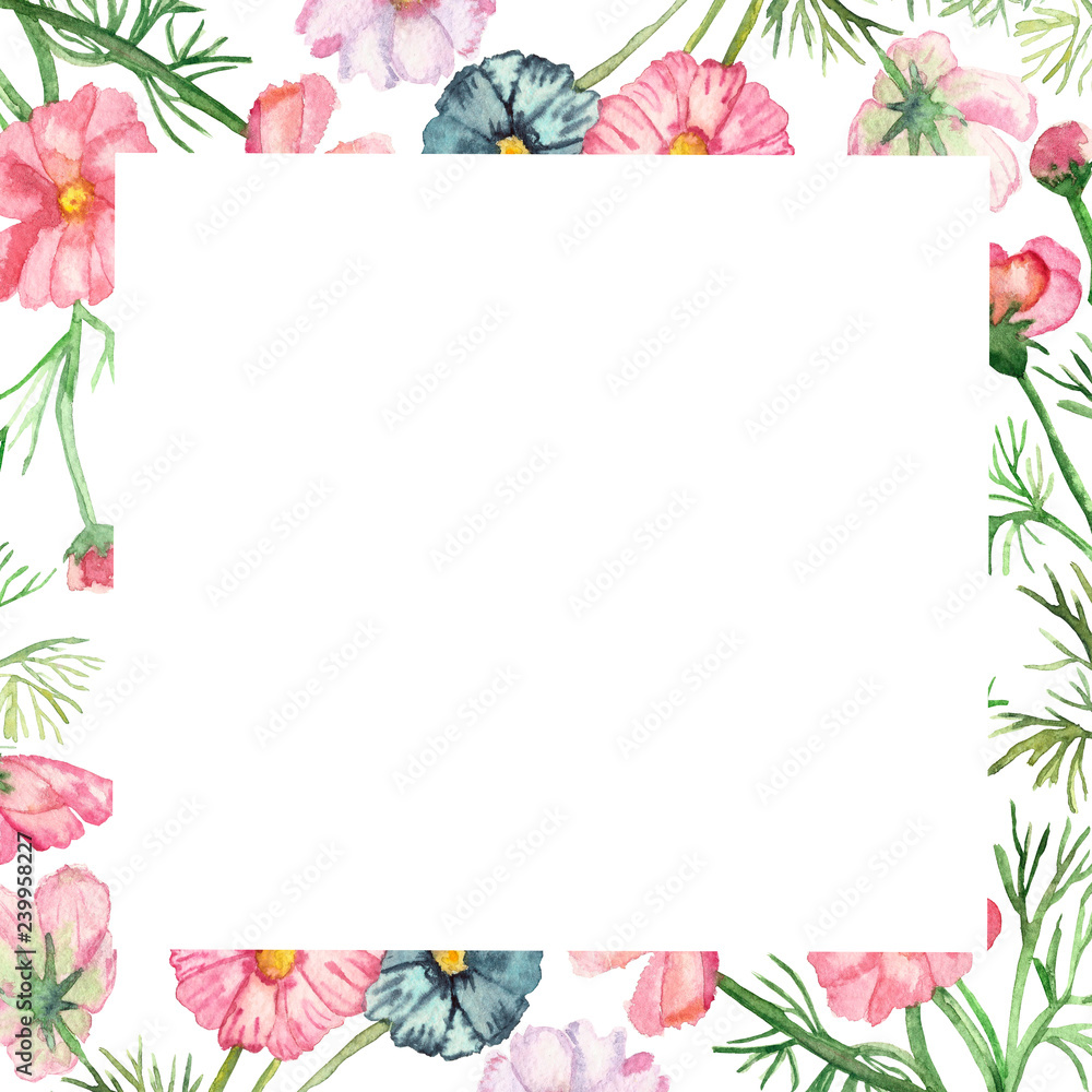 Watercolor frame delicate pink, lilac and blue flowers on green stems with needle leaves with falling petals isolated on white background.