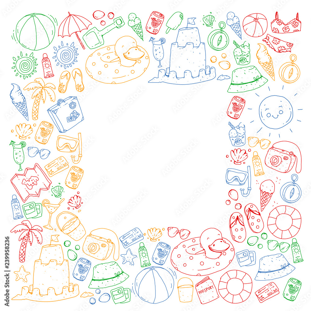 Beach and travel. Vector icons with summer vacation elements.