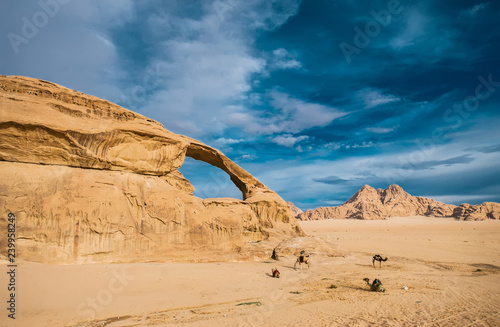 Camels in the desert. Panoramic view of natural rock bridge and Jordan desert