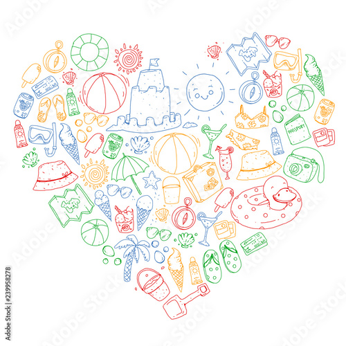Beach and travel. Vector icons with summer vacation elements.