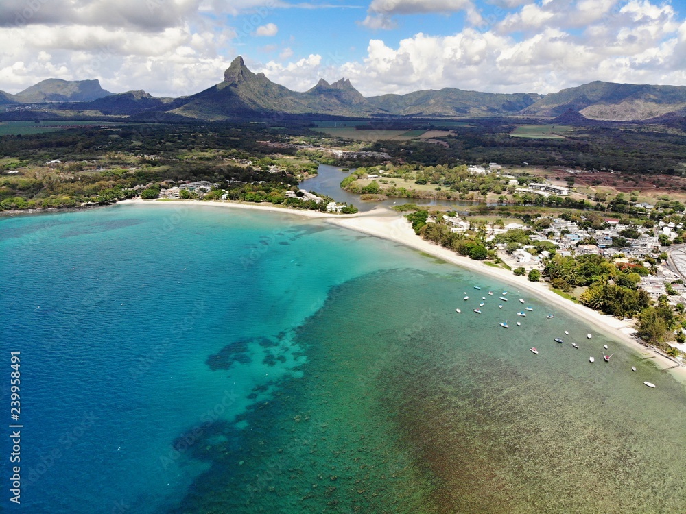 Mauritius Island. Beautiful coastline and beach from helicopter.