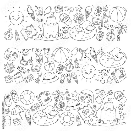 Beach and travel. Vector icons with summer vacation elements.