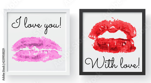 Lipstick kiss print. Female sexy red lips. Sexy lips makeup, kiss mouth, modern frame and place for text