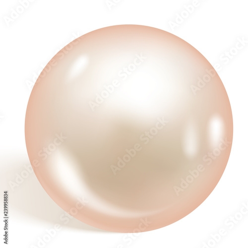 Single beautiful shiny natural pearl isolated on white background. Soft apricot pearl. Vector illustration.